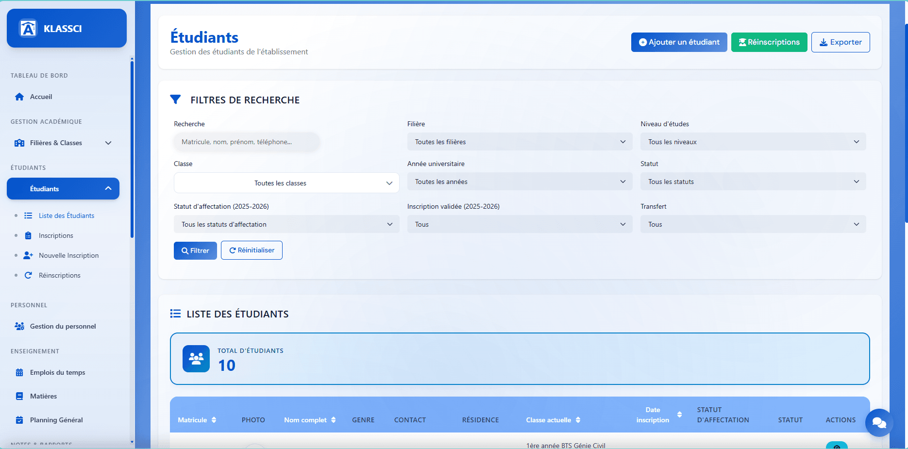 KLASSCI student management page