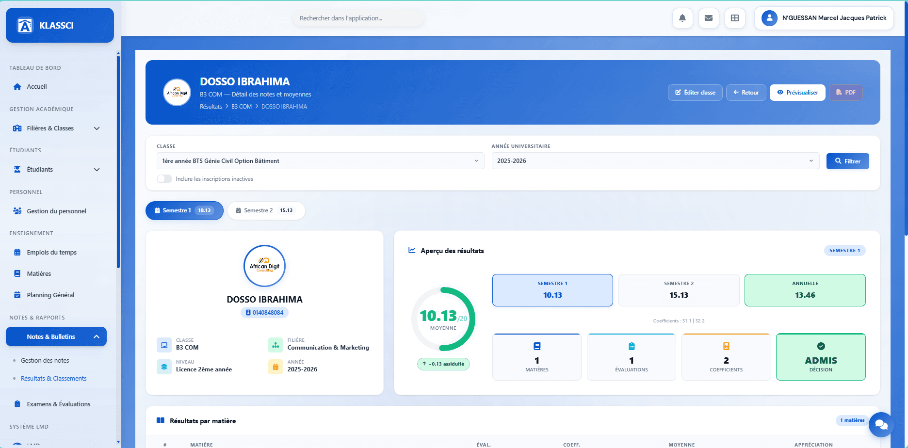 Grade entry and report cards — KLASSCI student record